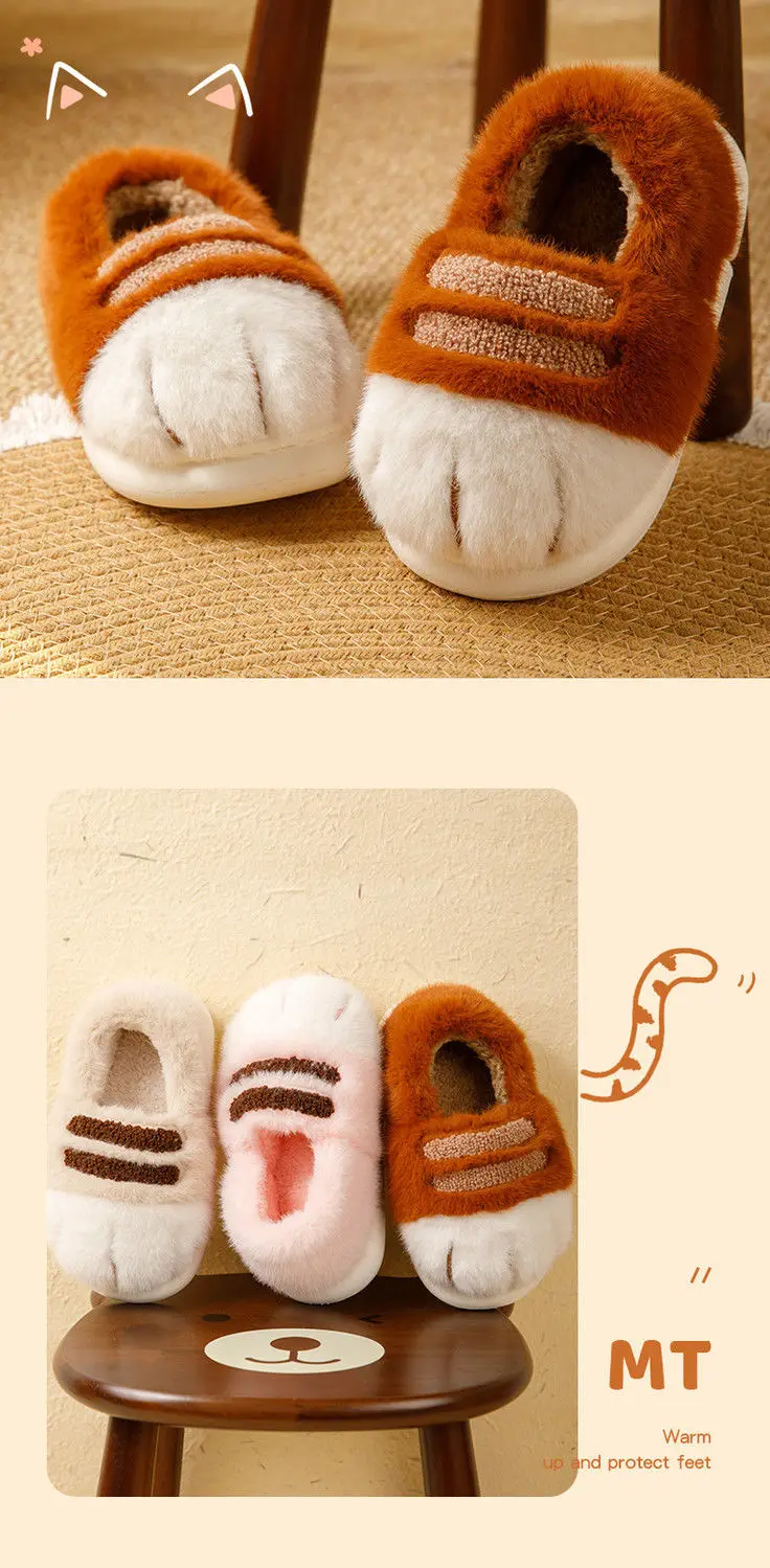 Ins Cat Paw Slippers Adults Winter Flip Flops Men Warm Fur Slides Fluffy Kitten Fuzzy House Shoes Unisex Animal Claw Slipper Man