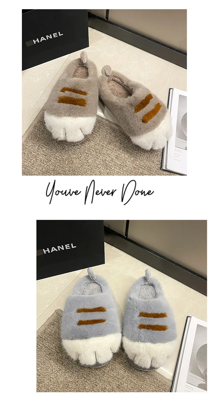 Ins Cat Paw Slippers Adults Winter Flip Flops Men Warm Fur Slides Fluffy Kitten Fuzzy House Shoes Unisex Animal Claw Slipper Man