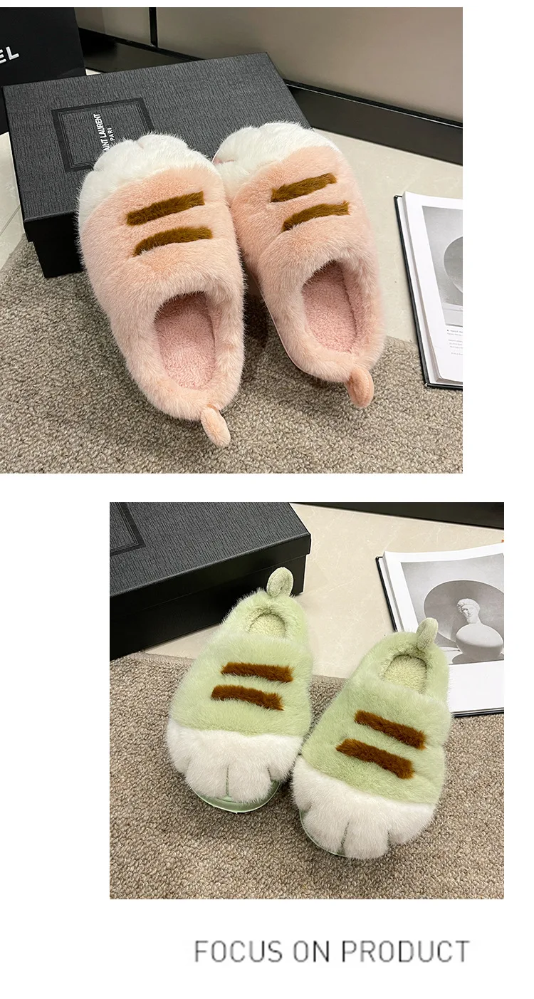 Ins Cat Paw Slippers Adults Winter Flip Flops Men Warm Fur Slides Fluffy Kitten Fuzzy House Shoes Unisex Animal Claw Slipper Man
