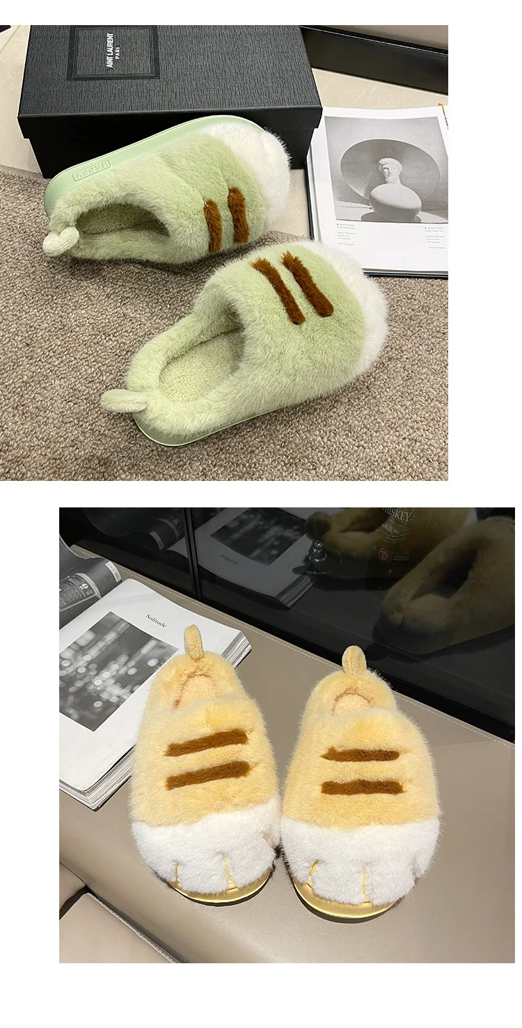 Ins Cat Paw Slippers Adults Winter Flip Flops Men Warm Fur Slides Fluffy Kitten Fuzzy House Shoes Unisex Animal Claw Slipper Man