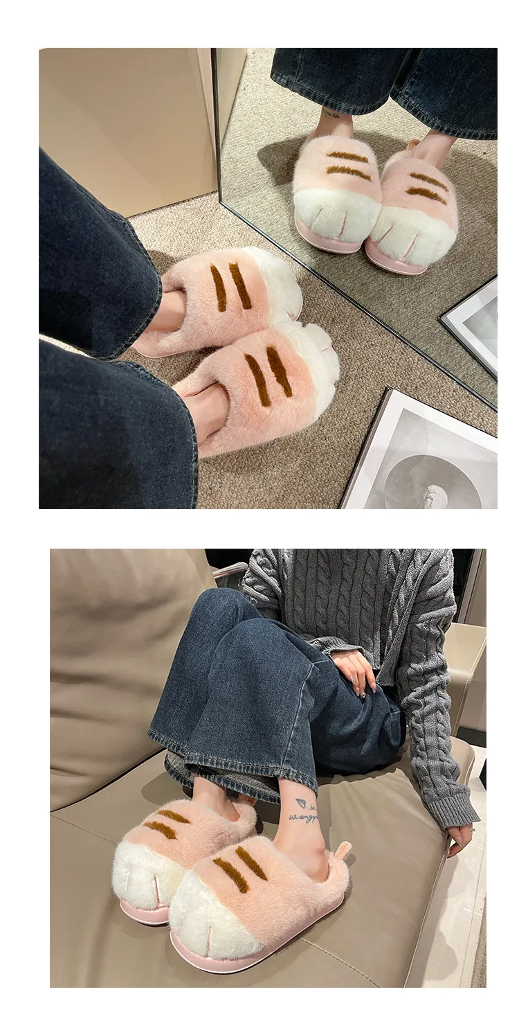 Ins Cat Paw Slippers Adults Winter Flip Flops Men Warm Fur Slides Fluffy Kitten Fuzzy House Shoes Unisex Animal Claw Slipper Man