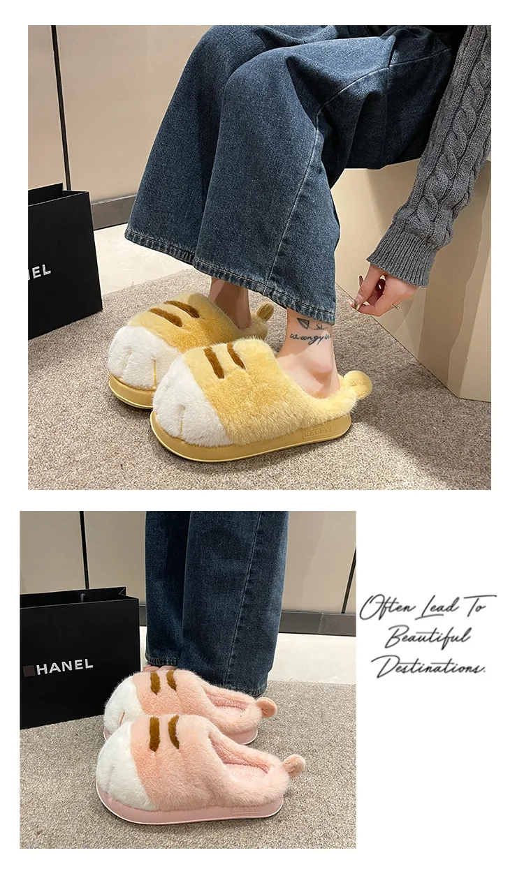 Ins Cat Paw Slippers Adults Winter Flip Flops Men Warm Fur Slides Fluffy Kitten Fuzzy House Shoes Unisex Animal Claw Slipper Man
