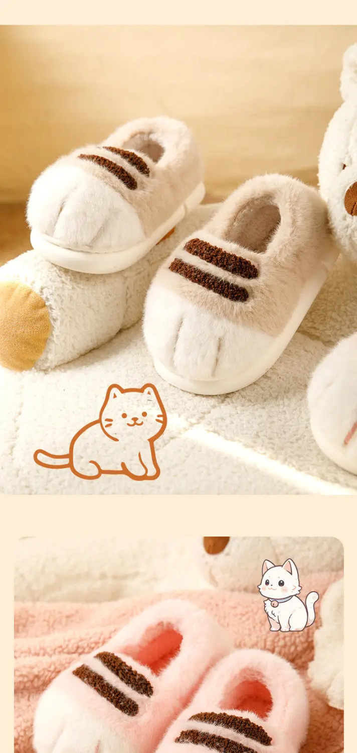Ins Cat Paw Slippers Adults Winter Flip Flops Men Warm Fur Slides Fluffy Kitten Fuzzy House Shoes Unisex Animal Claw Slipper Man