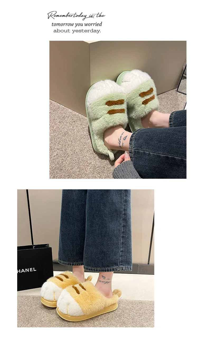 Ins Cat Paw Slippers Adults Winter Flip Flops Men Warm Fur Slides Fluffy Kitten Fuzzy House Shoes Unisex Animal Claw Slipper Man
