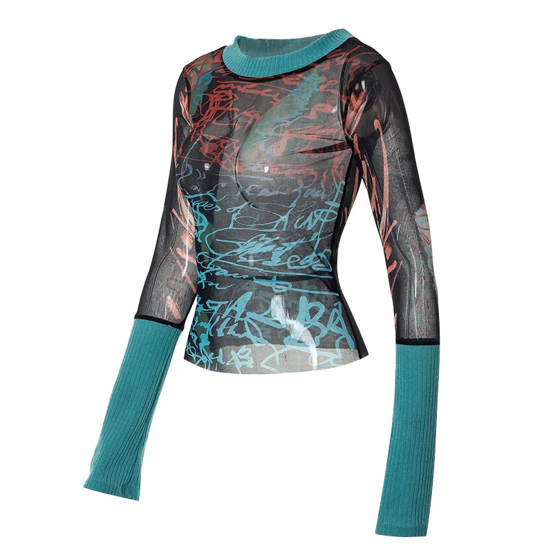 Print Y2k Accessories Crop Top Women Clothes Long Sleeves Graphic T Shirt O-neck Gothic Aesthetic Tshirt Pullover Ropa De Mujer