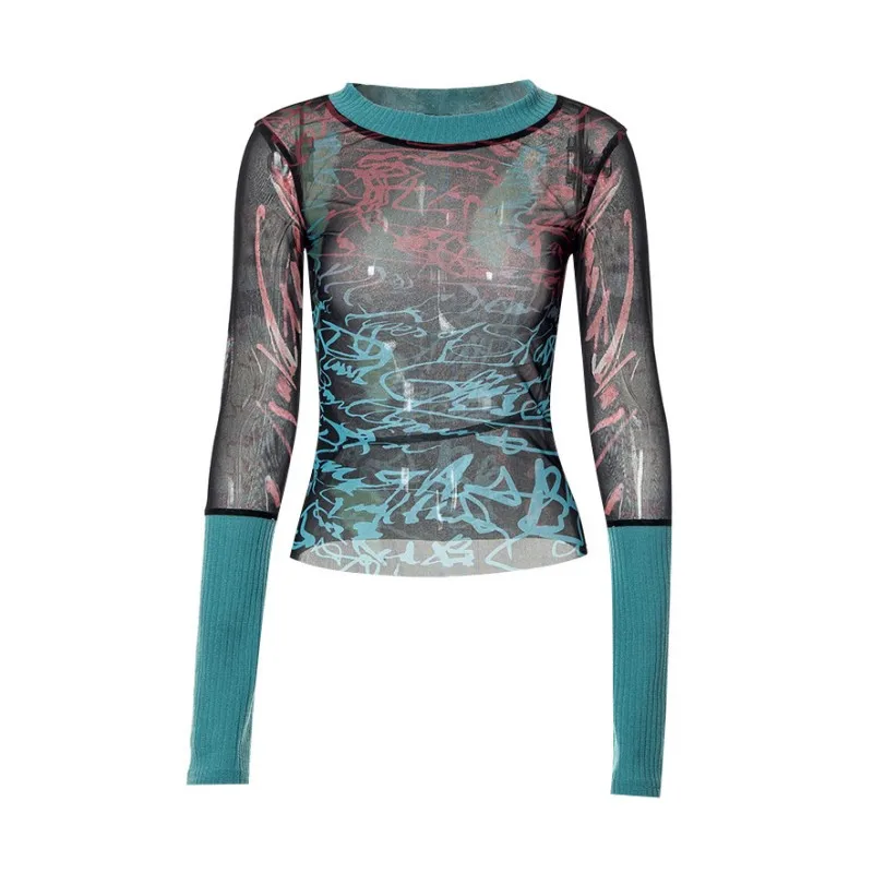 Print Y2k Accessories Crop Top Women Clothes Long Sleeves Graphic T Shirt O-neck Gothic Aesthetic Tshirt Pullover Ropa De Mujer