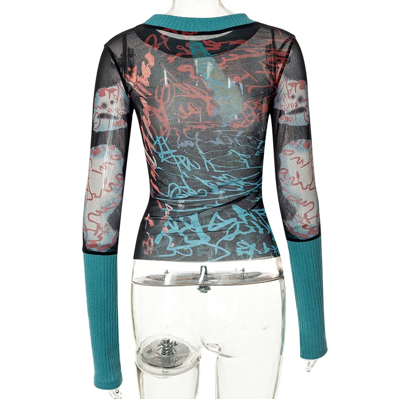 Print Y2k Accessories Crop Top Women Clothes Long Sleeves Graphic T Shirt O-neck Gothic Aesthetic Tshirt Pullover Ropa De Mujer