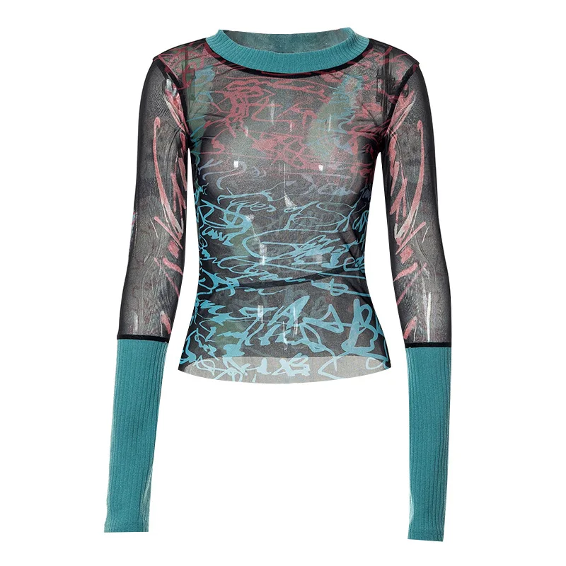 Print Y2k Accessories Crop Top Women Clothes Long Sleeves Graphic T Shirt O-neck Gothic Aesthetic Tshirt Pullover Ropa De Mujer