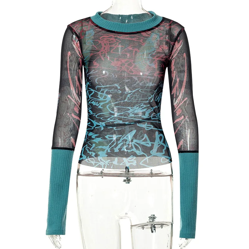 Print Y2k Accessories Crop Top Women Clothes Long Sleeves Graphic T Shirt O-neck Gothic Aesthetic Tshirt Pullover Ropa De Mujer