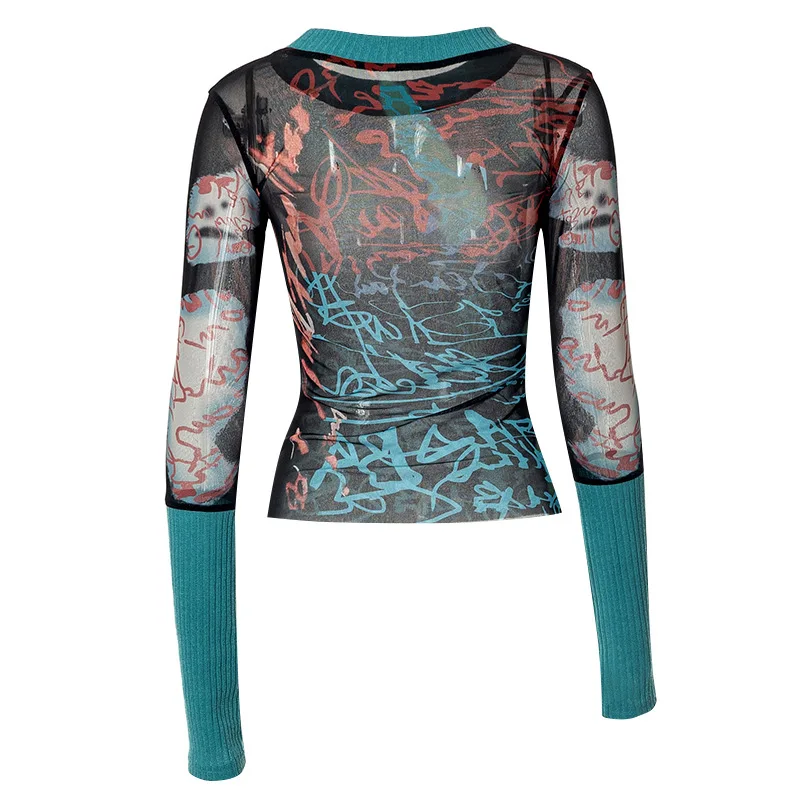 Print Y2k Accessories Crop Top Women Clothes Long Sleeves Graphic T Shirt O-neck Gothic Aesthetic Tshirt Pullover Ropa De Mujer