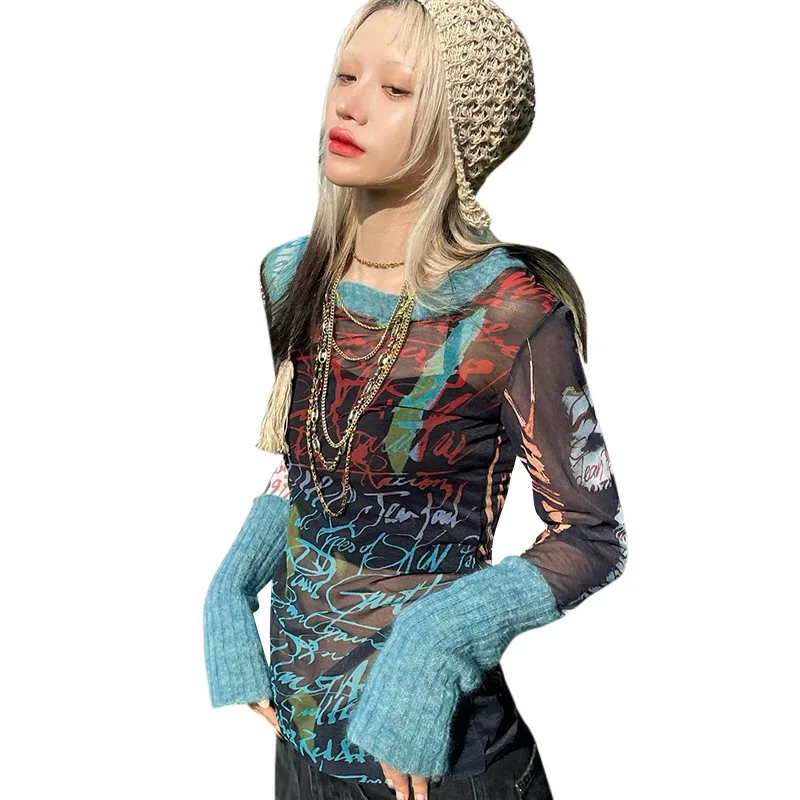Print Y2k Accessories Crop Top Women Clothes Long Sleeves Graphic T Shirt O-neck Gothic Aesthetic Tshirt Pullover Ropa De Mujer