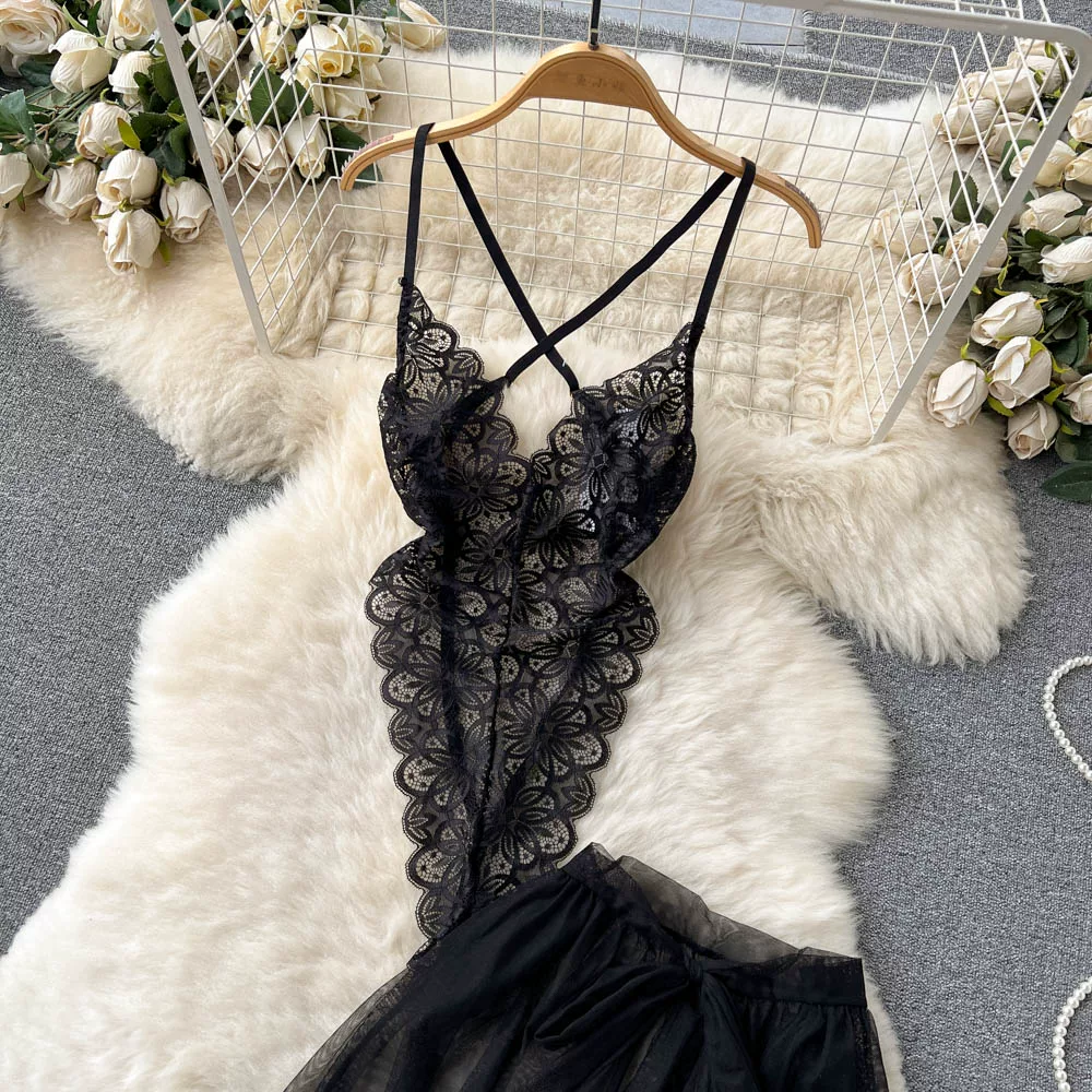 CHILLGIO Women Sexy Lace Transparent Bodysuits Hotsweet Tight Catsuits Erotic Intimate Rompers Fashion Strappy Onesie Lingerie