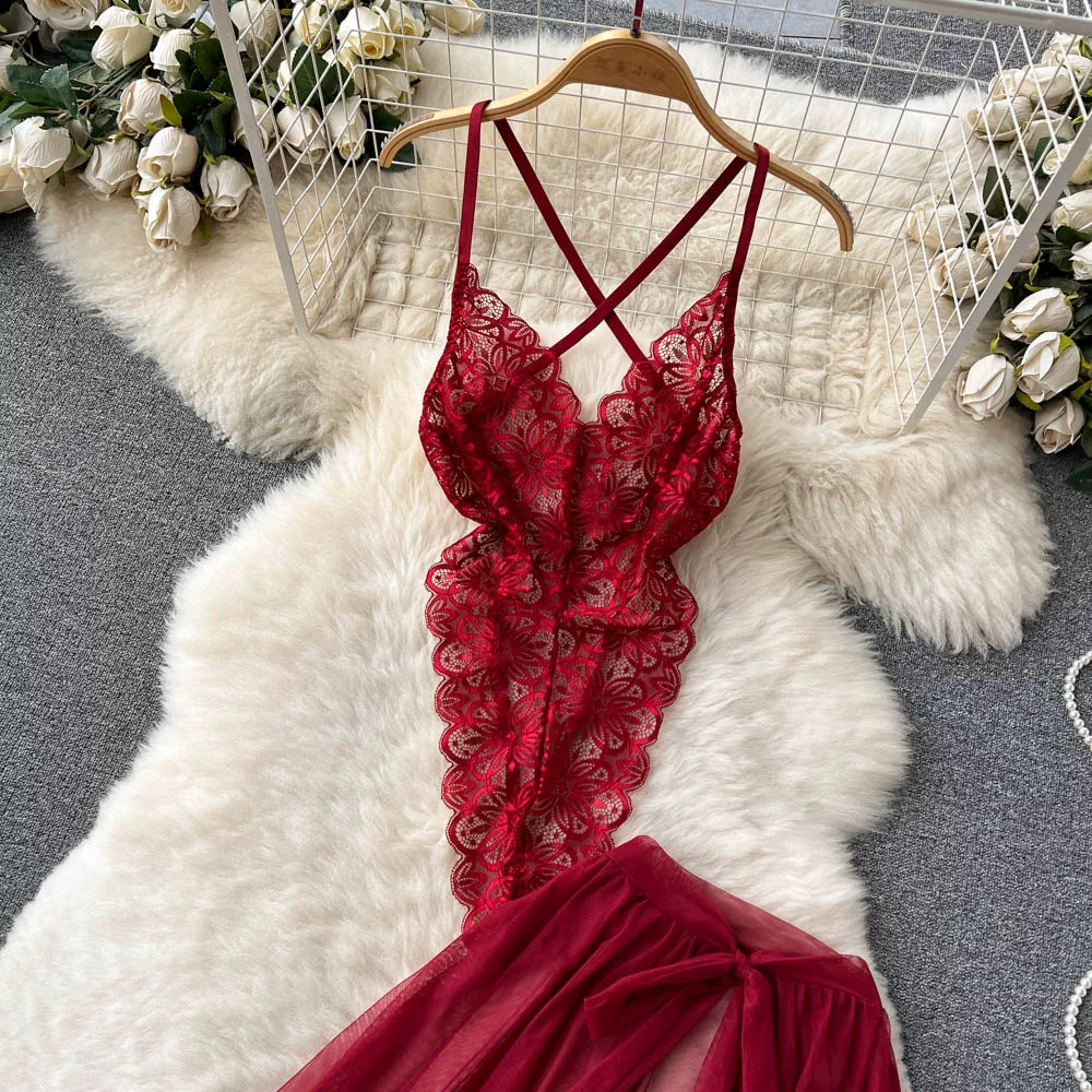 CHILLGIO Women Sexy Lace Transparent Bodysuits Hotsweet Tight Catsuits Erotic Intimate Rompers Fashion Strappy Onesie Lingerie