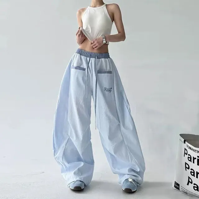 Streetwear Hip Hop Plaid cargo Pant Women Summer Loose Design Scimitar Jazz Dance Wide Leg Pants High Waist All Match Long Pants