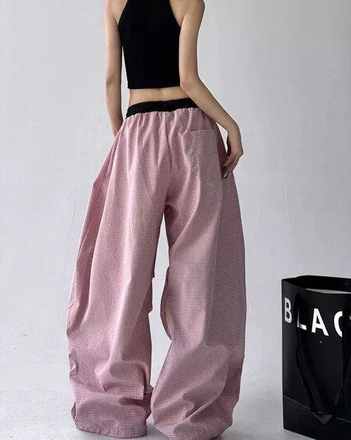 Streetwear Hip Hop Plaid cargo Pant Women Summer Loose Design Scimitar Jazz Dance Wide Leg Pants High Waist All Match Long Pants