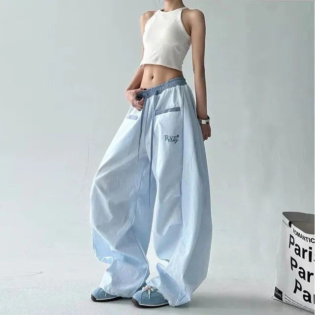 Streetwear Hip Hop Plaid cargo Pant Women Summer Loose Design Scimitar Jazz Dance Wide Leg Pants High Waist All Match Long Pants