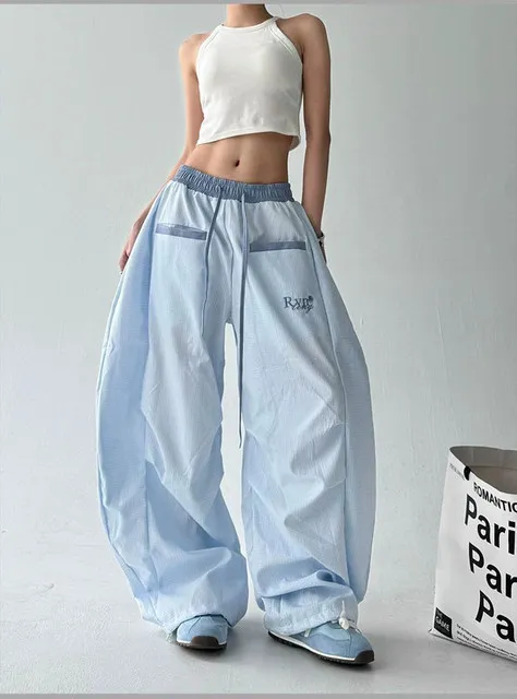 Streetwear Hip Hop Plaid cargo Pant Women Summer Loose Design Scimitar Jazz Dance Wide Leg Pants High Waist All Match Long Pants