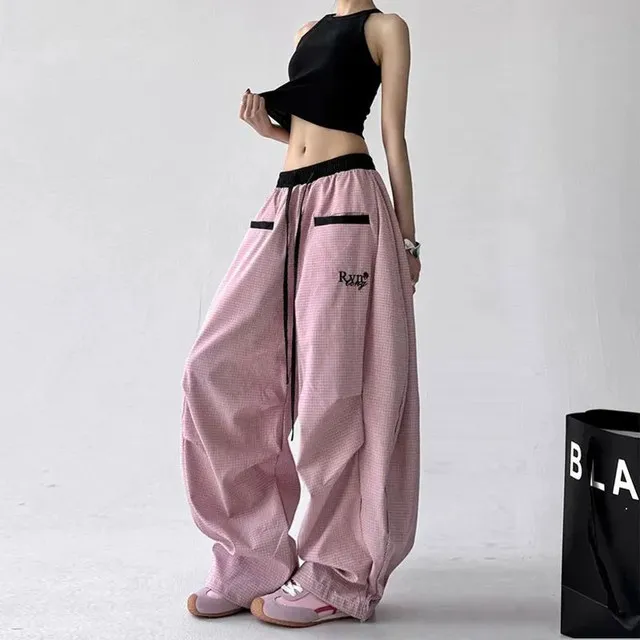 Streetwear Hip Hop Plaid cargo Pant Women Summer Loose Design Scimitar Jazz Dance Wide Leg Pants High Waist All Match Long Pants