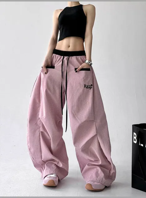 Streetwear Hip Hop Plaid cargo Pant Women Summer Loose Design Scimitar Jazz Dance Wide Leg Pants High Waist All Match Long Pants