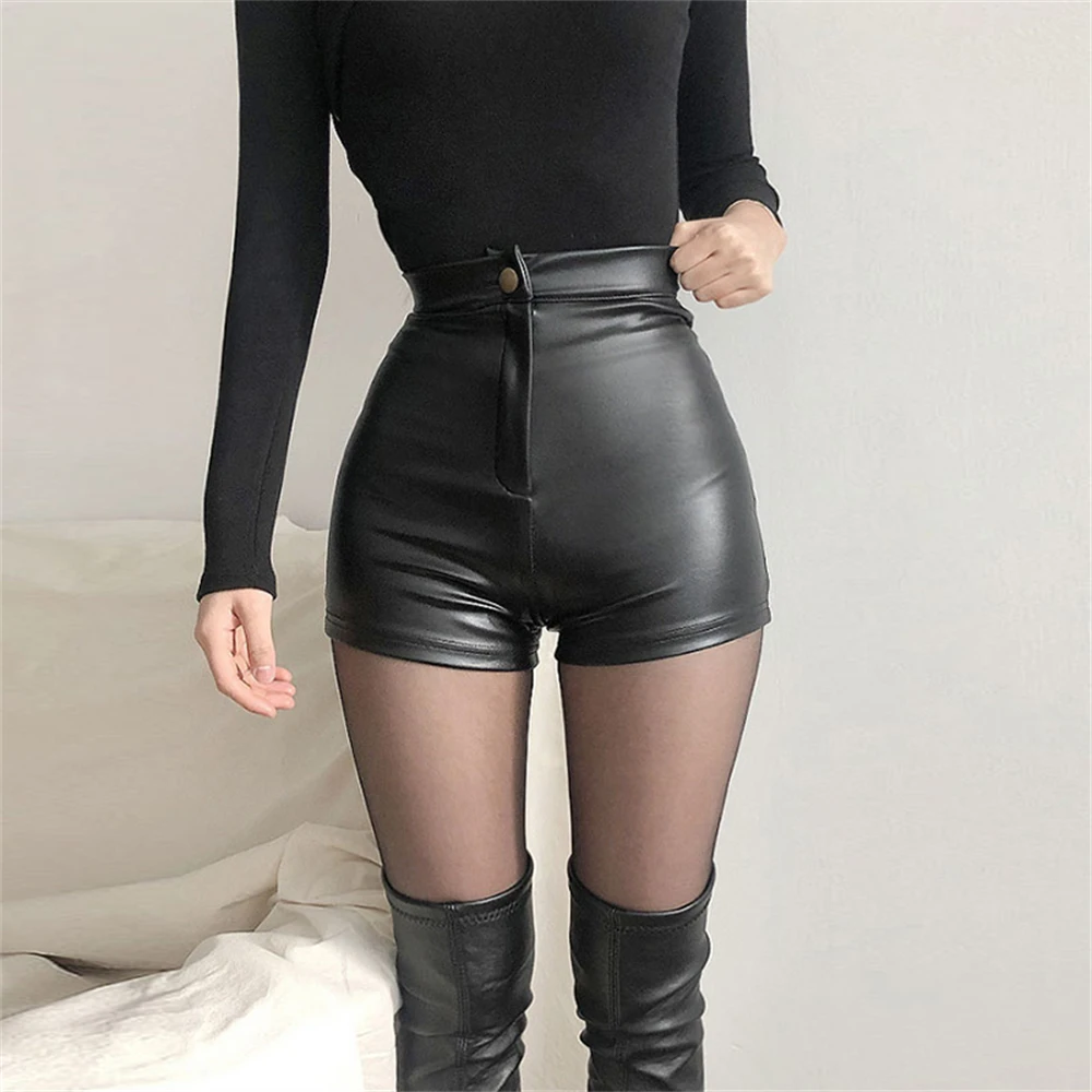Sexy Black PU Casual Fashion Summer Shorts Women Clothing Goth Faux Leather High Waisted Womens Shorts Y2K Hot Woman Short Pants