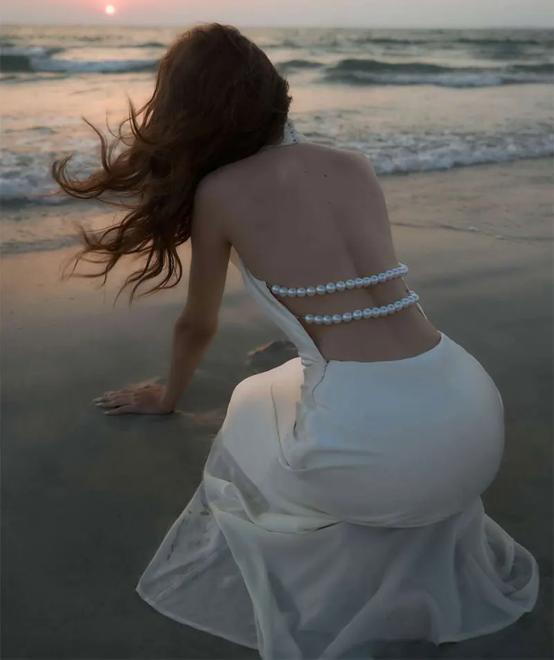 GACVGA Satin Backless Pearls Sexy Bodycon Prom Party Maxi Dress Halter Sleeveless Celebrity Evening Runway Slim Club Long Dress
