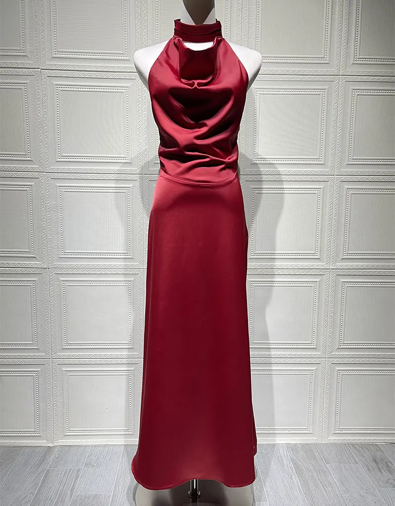 GACVGA Satin Backless Pearls Sexy Bodycon Prom Party Maxi Dress Halter Sleeveless Celebrity Evening Runway Slim Club Long Dress