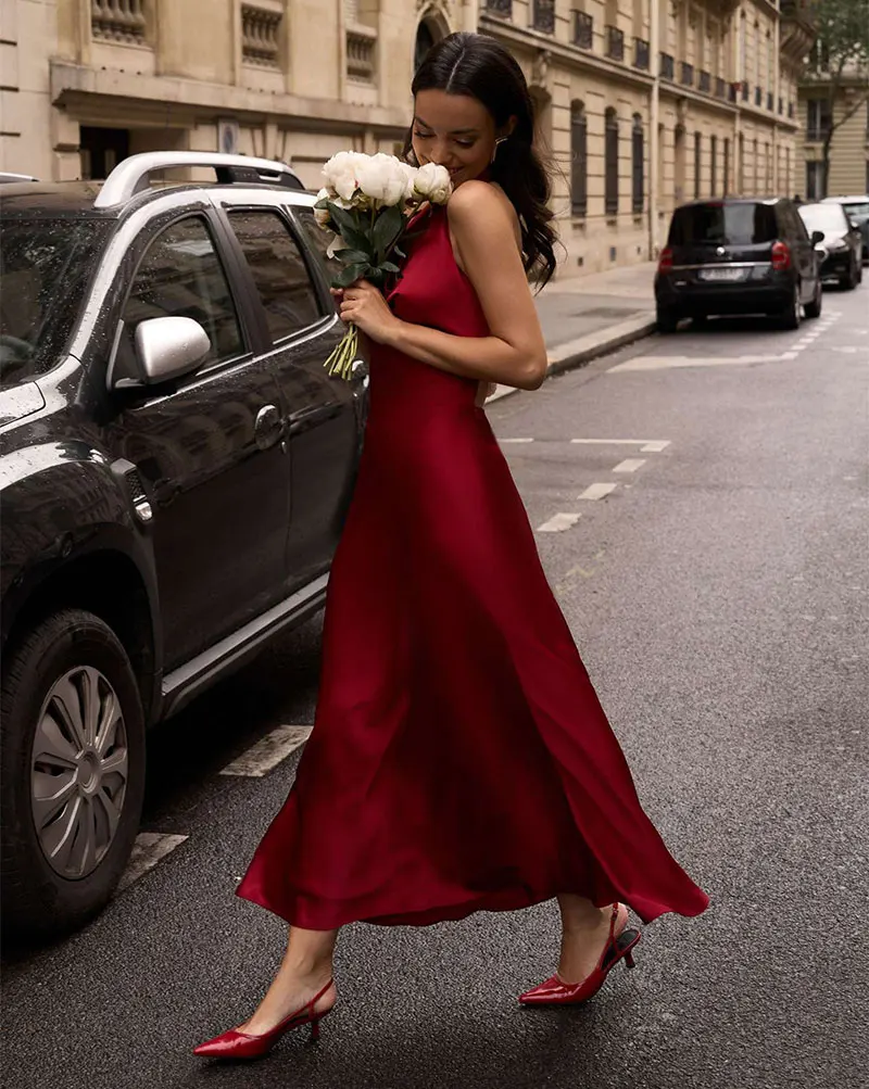GACVGA Satin Backless Pearls Sexy Bodycon Prom Party Maxi Dress Halter Sleeveless Celebrity Evening Runway Slim Club Long Dress