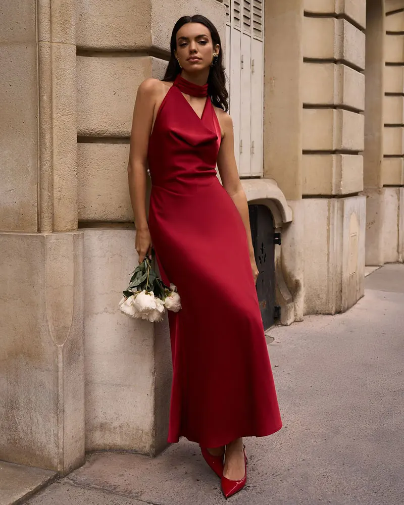 GACVGA Satin Backless Pearls Sexy Bodycon Prom Party Maxi Dress Halter Sleeveless Celebrity Evening Runway Slim Club Long Dress