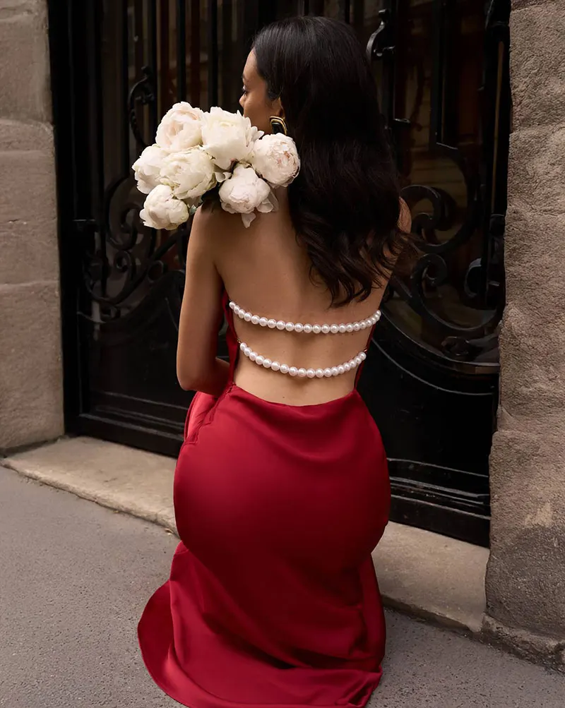 GACVGA Satin Backless Pearls Sexy Bodycon Prom Party Maxi Dress Halter Sleeveless Celebrity Evening Runway Slim Club Long Dress