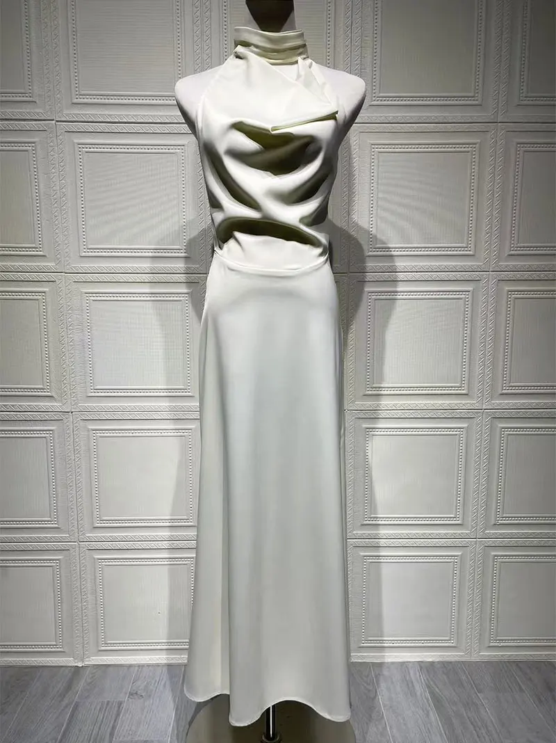 GACVGA Satin Backless Pearls Sexy Bodycon Prom Party Maxi Dress Halter Sleeveless Celebrity Evening Runway Slim Club Long Dress