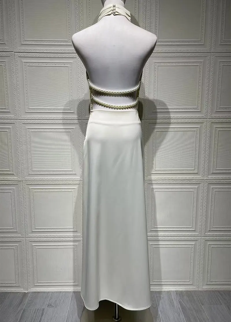 GACVGA Satin Backless Pearls Sexy Bodycon Prom Party Maxi Dress Halter Sleeveless Celebrity Evening Runway Slim Club Long Dress