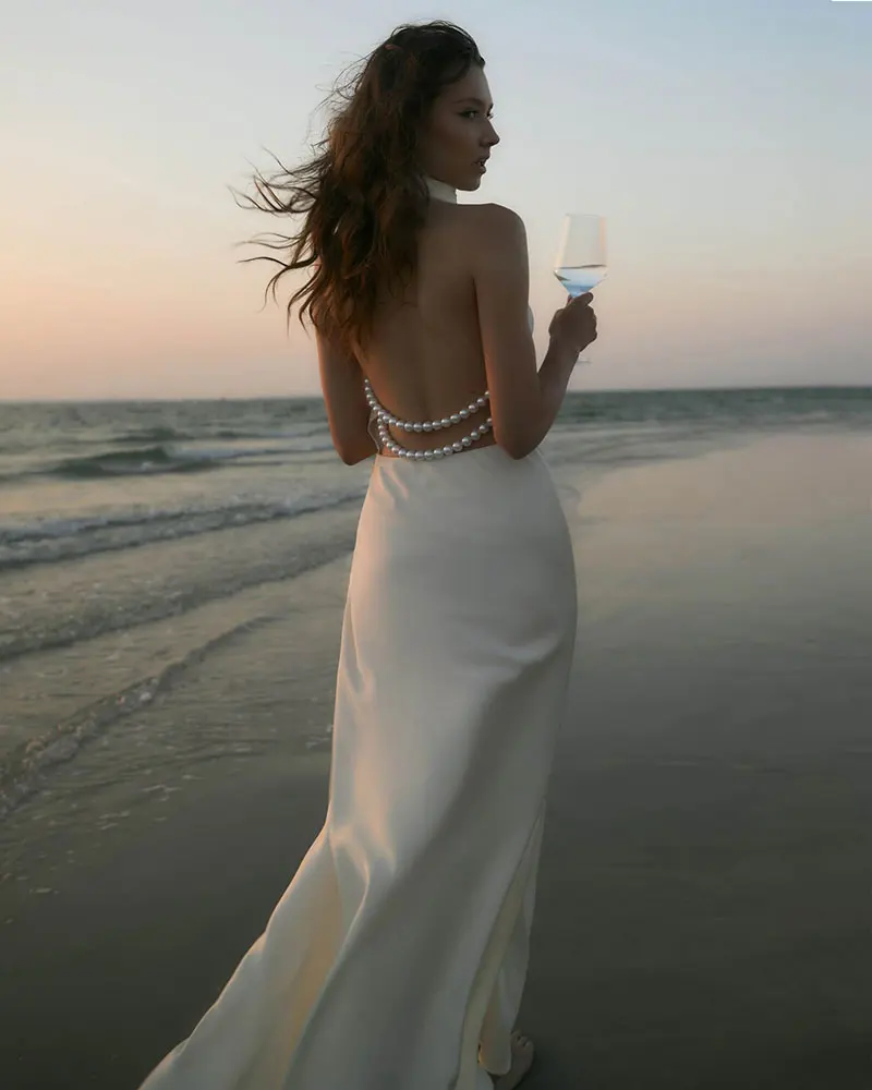 GACVGA Satin Backless Pearls Sexy Bodycon Prom Party Maxi Dress Halter Sleeveless Celebrity Evening Runway Slim Club Long Dress