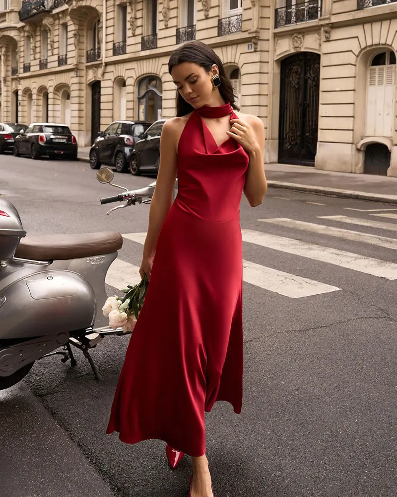 GACVGA Satin Backless Pearls Sexy Bodycon Prom Party Maxi Dress Halter Sleeveless Celebrity Evening Runway Slim Club Long Dress