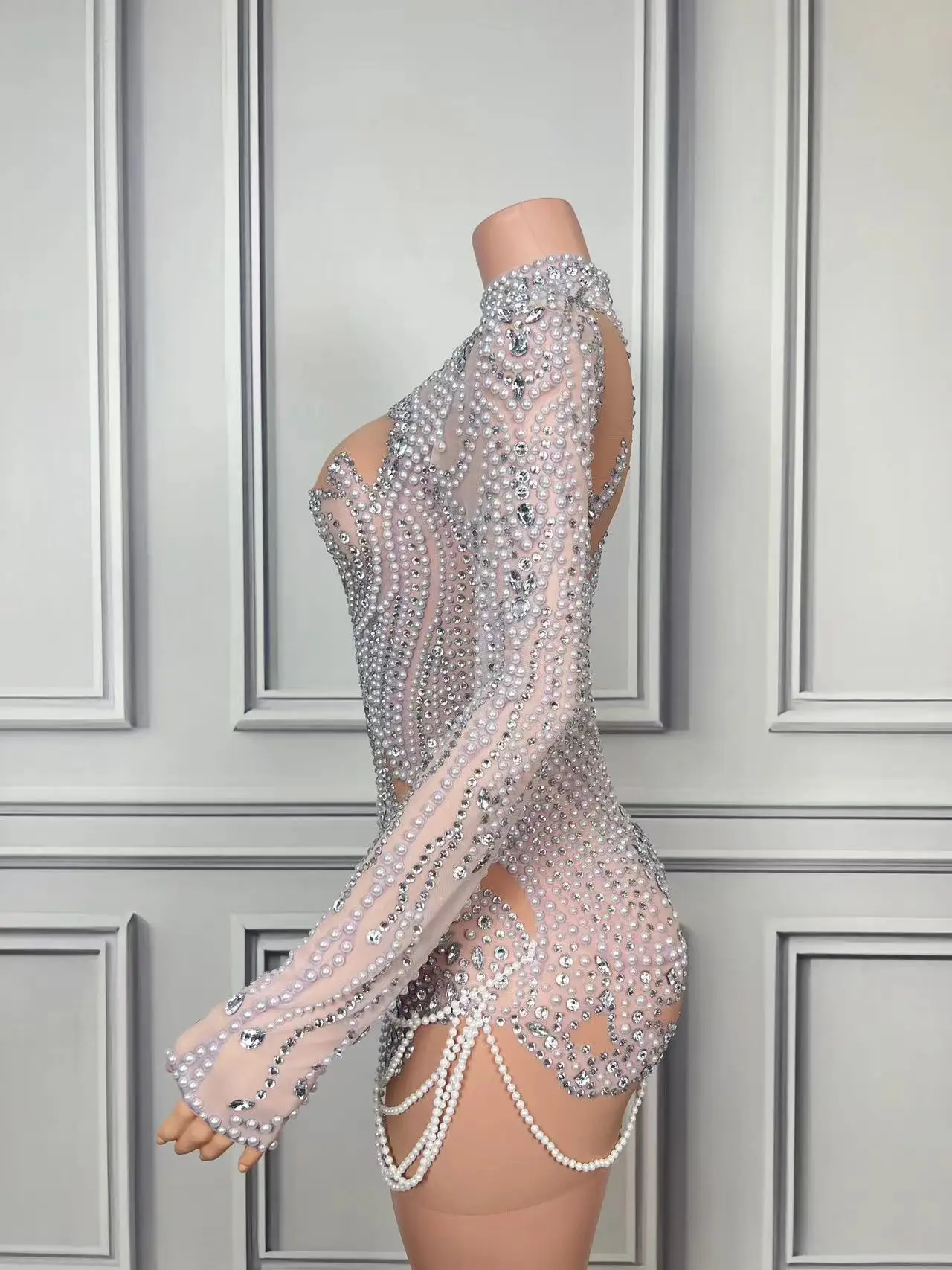 Luxurious Full Rhinestones Pearl Short Dress Women Evening Prom Celebrate Dress Sexy Mesh Transparent Singer Show Party Wear
