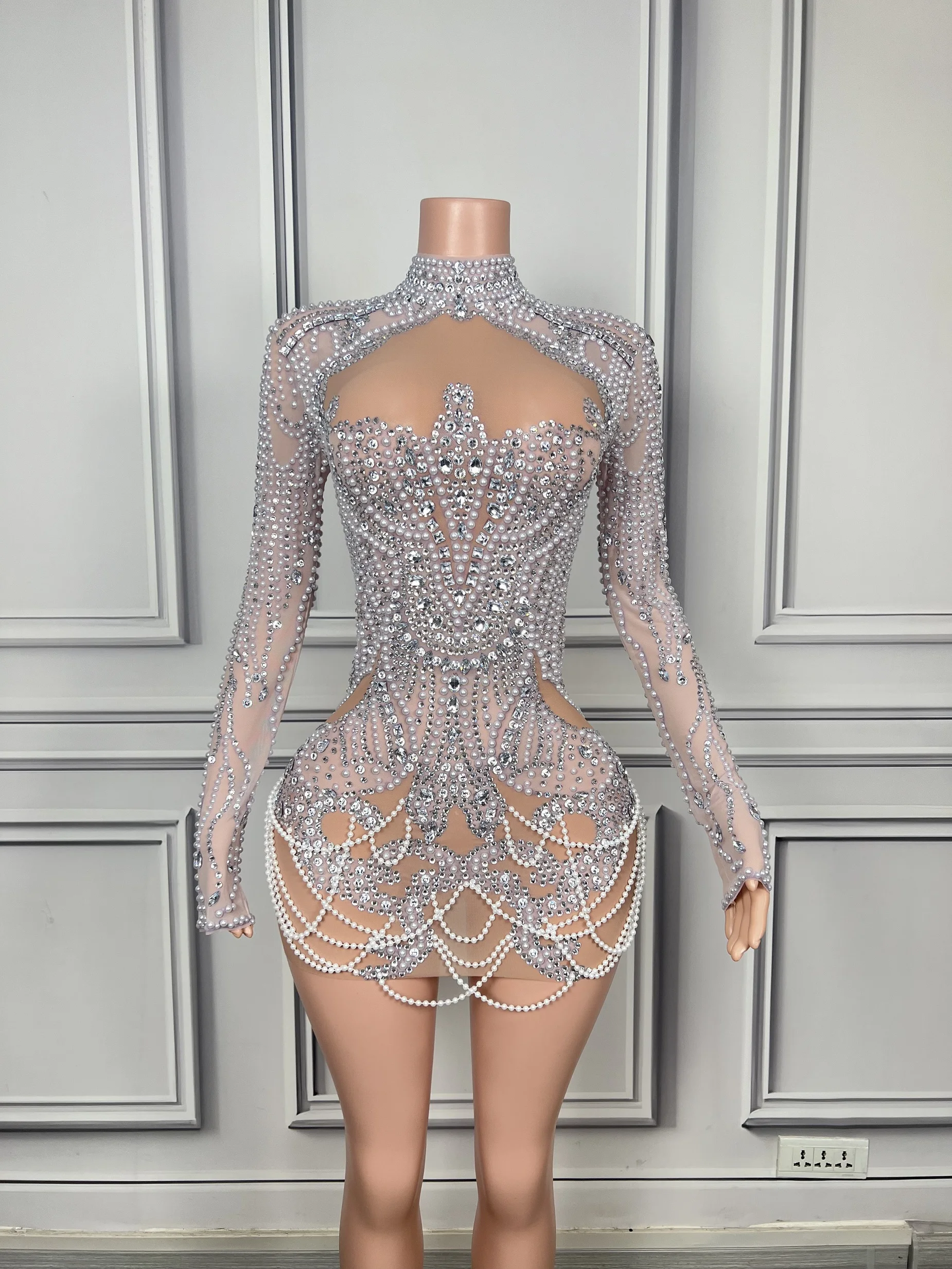 Luxurious Full Rhinestones Pearl Short Dress Women Evening Prom Celebrate Dress Sexy Mesh Transparent Singer Show Party Wear