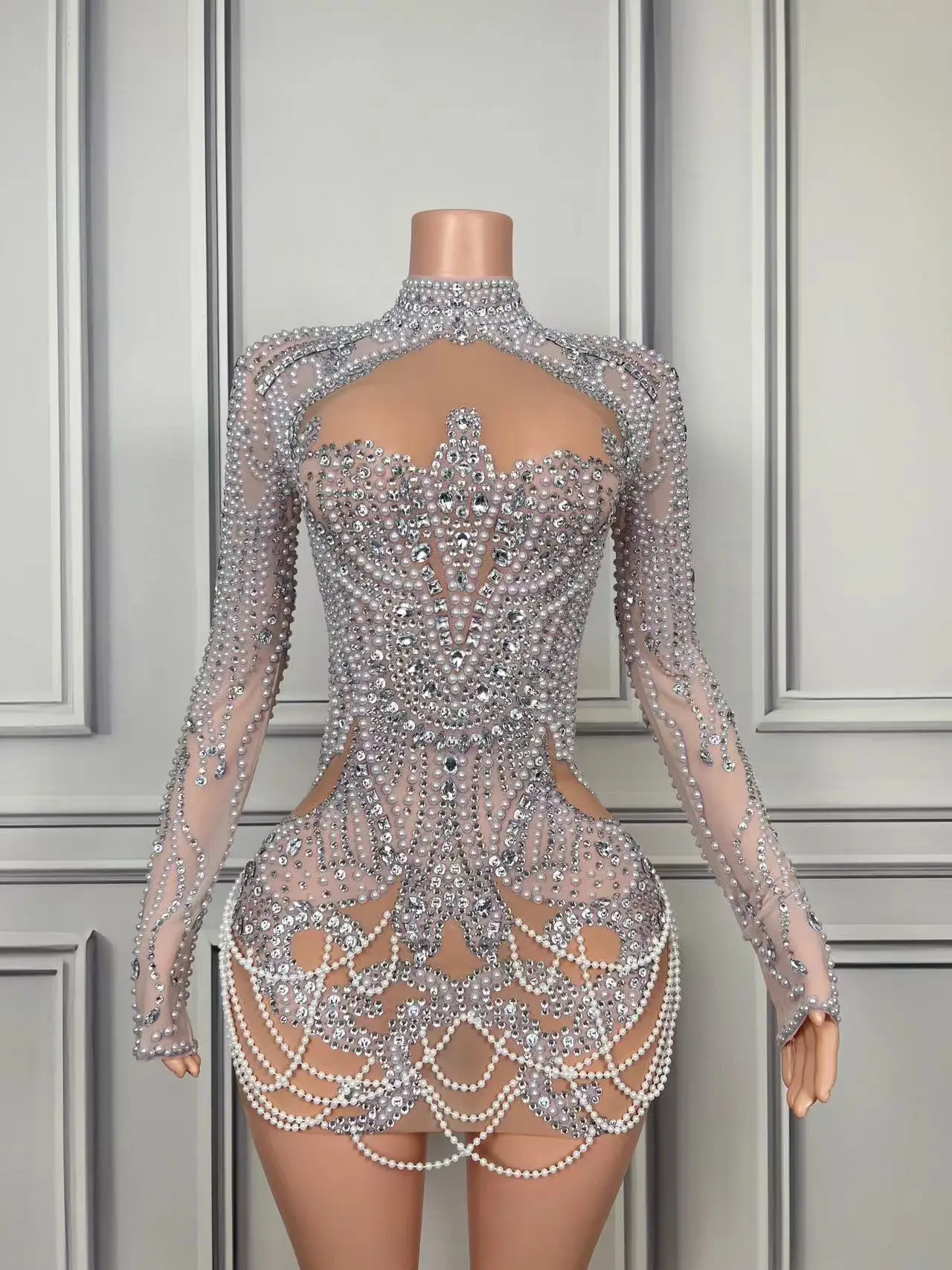 Luxurious Full Rhinestones Pearl Short Dress Women Evening Prom Celebrate Dress Sexy Mesh Transparent Singer Show Party Wear