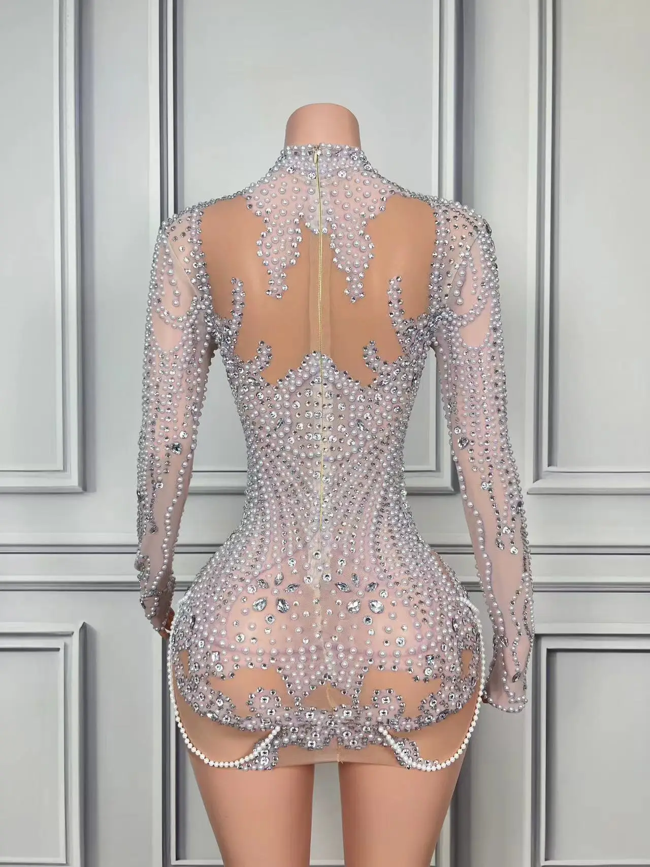 Luxurious Full Rhinestones Pearl Short Dress Women Evening Prom Celebrate Dress Sexy Mesh Transparent Singer Show Party Wear