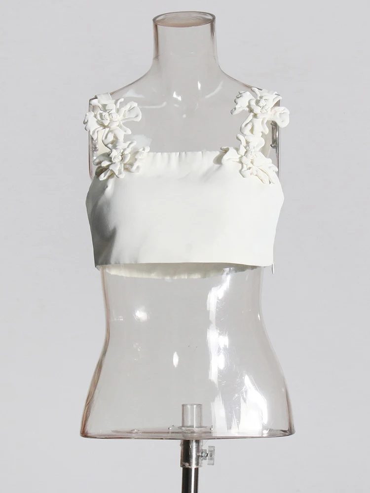 TWOTWINSTYLE Spliced Appliques Two Piece Set For Women Square Collar Sleeveless Top High Waist A Line Skirt Solid Sets Female