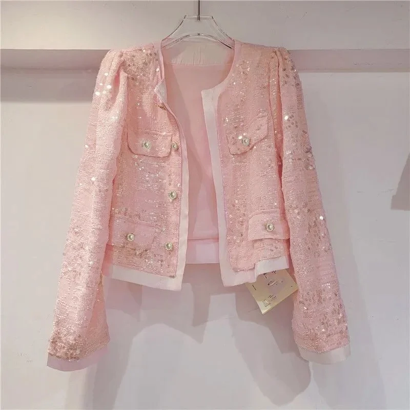 Spring Autumn Women's Jacket Korean New Cardigan Splicing Sequin Outerwear Female Long Sleeved Stylish Socialite Versatile Top