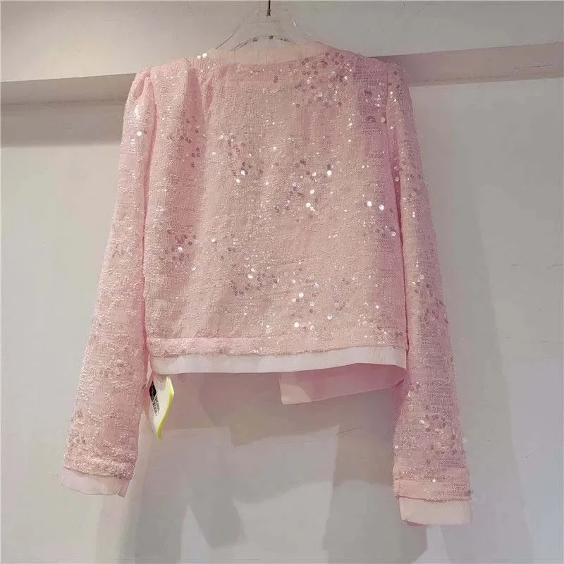 Spring Autumn Women's Jacket Korean New Cardigan Splicing Sequin Outerwear Female Long Sleeved Stylish Socialite Versatile Top
