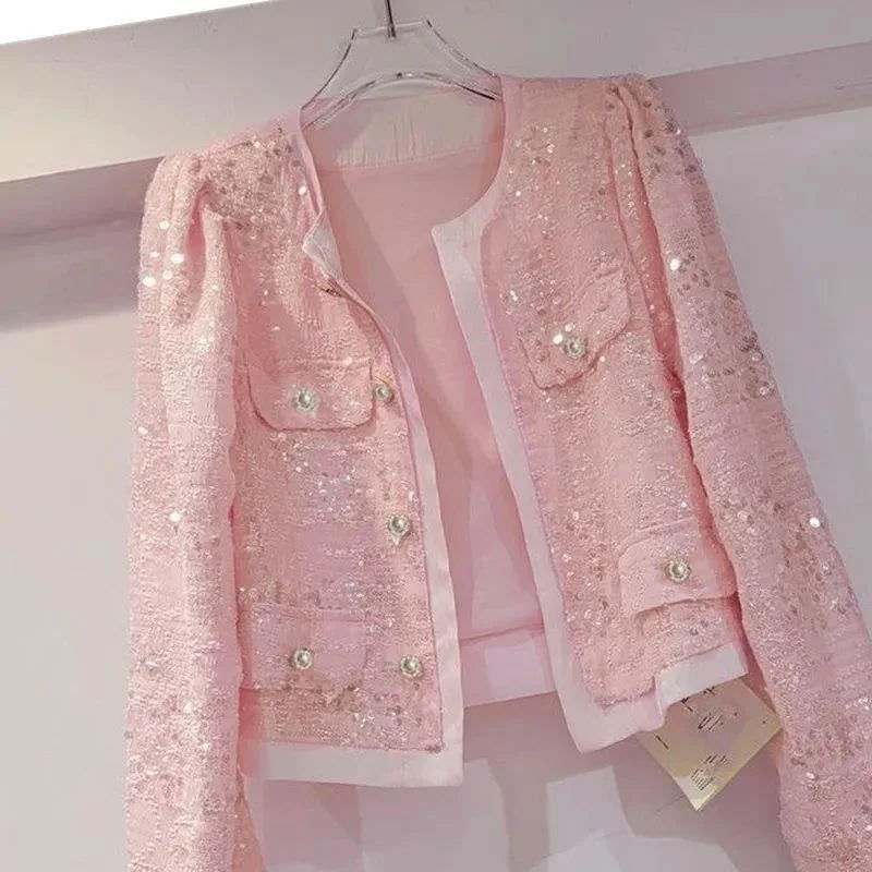 Spring Autumn Women's Jacket Korean New Cardigan Splicing Sequin Outerwear Female Long Sleeved Stylish Socialite Versatile Top
