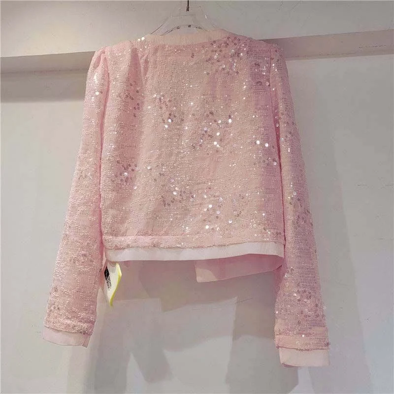 Spring Autumn Women's Jacket Korean New Cardigan Splicing Sequin Outerwear Female Long Sleeved Stylish Socialite Versatile Top
