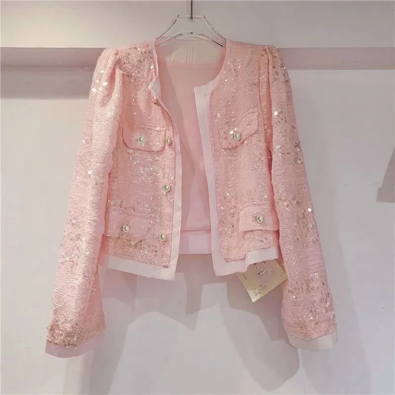 Spring Autumn Women's Jacket Korean New Cardigan Splicing Sequin Outerwear Female Long Sleeved Stylish Socialite Versatile Top