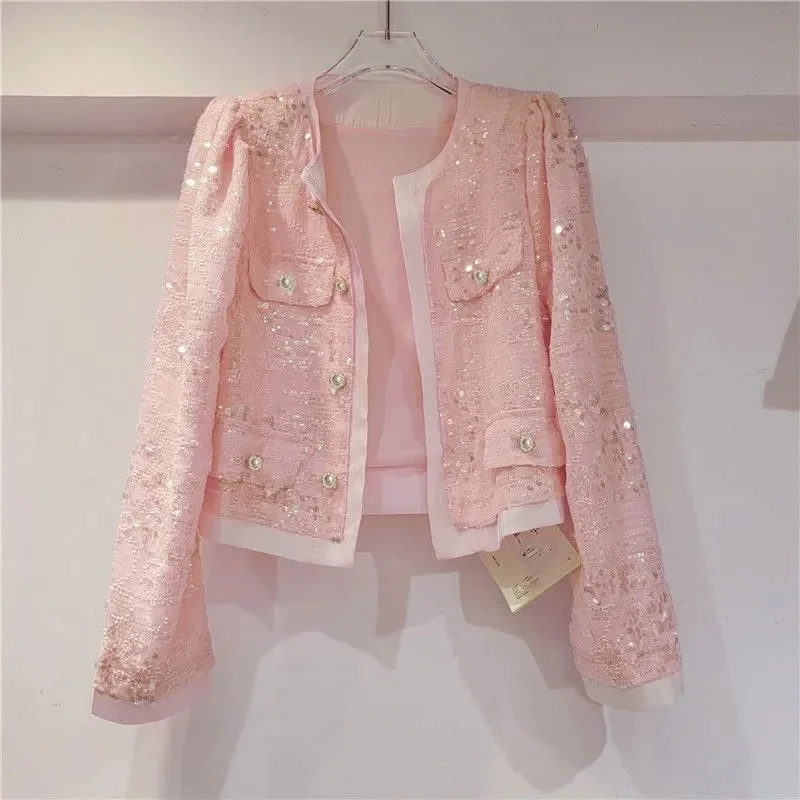 Spring Autumn Women's Jacket Korean New Cardigan Splicing Sequin Outerwear Female Long Sleeved Stylish Socialite Versatile Top