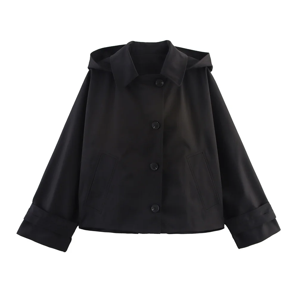 Autumn New European and American Style Hooded Long Sleeved Lapel Jacket Single Breasted Trench Coat Short Jacket