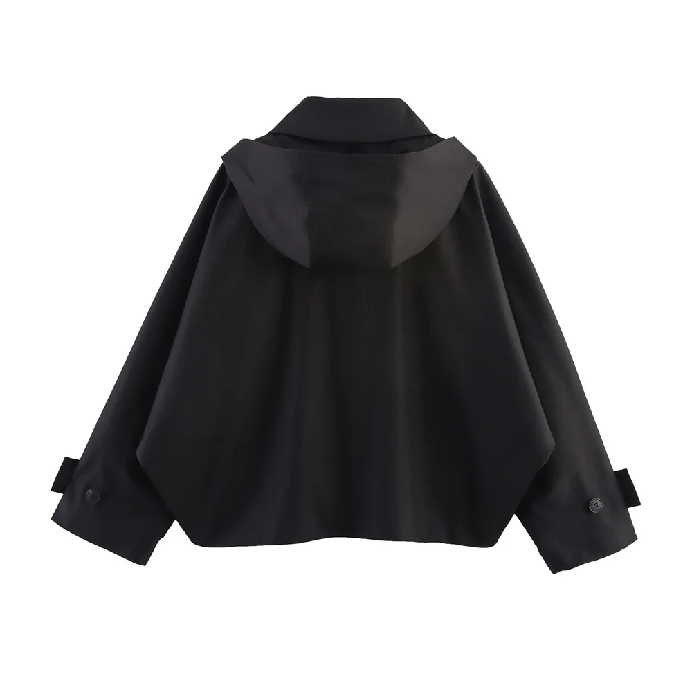 Autumn New European and American Style Hooded Long Sleeved Lapel Jacket Single Breasted Trench Coat Short Jacket