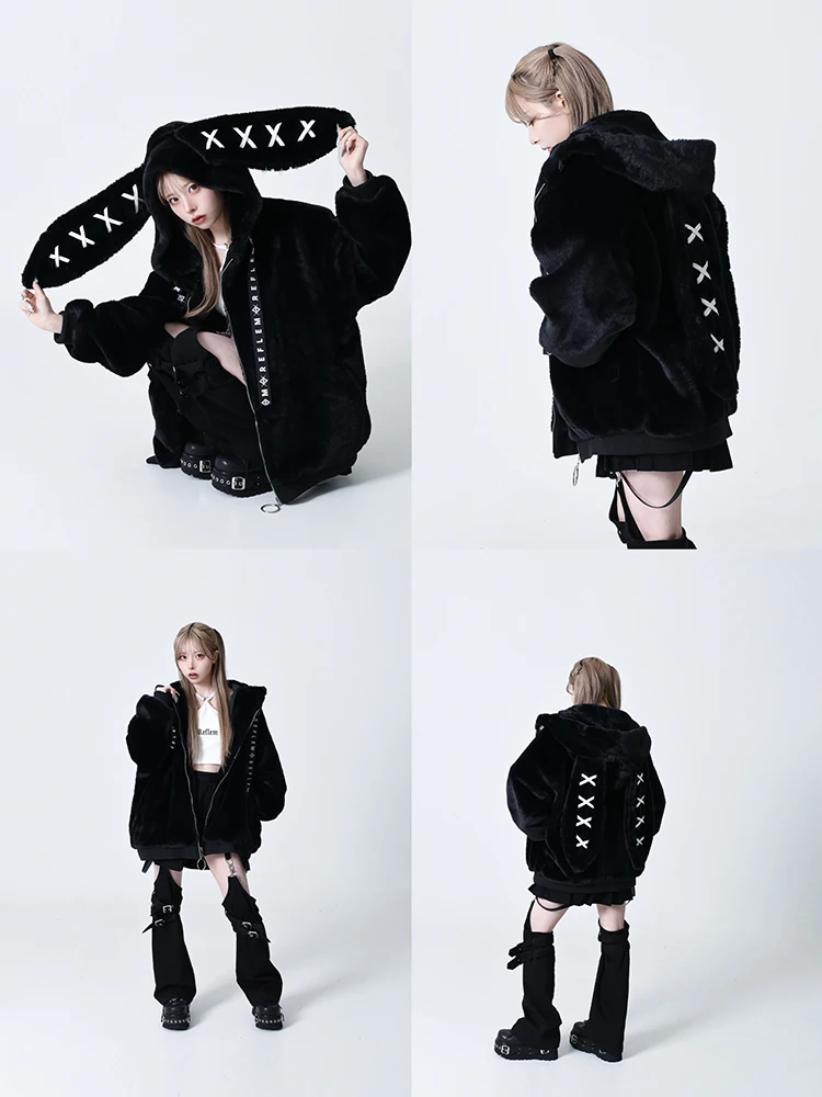 Mauroicardi Autumn Winter Sweet Cute Kawaii Soft Thick Warm Black Faux Fur Coat Women with Bunny Ears Cute Fluffy Jacket Hoodie
