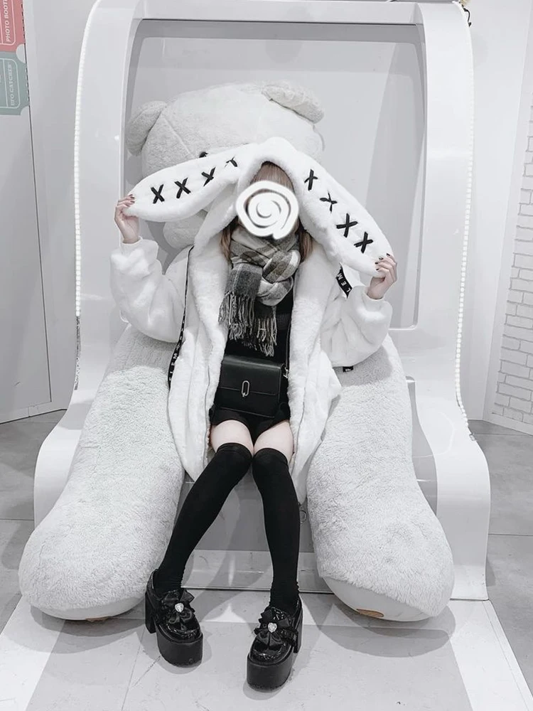 Mauroicardi Autumn Winter Sweet Cute Kawaii Soft Thick Warm Black Faux Fur Coat Women with Bunny Ears Cute Fluffy Jacket Hoodie