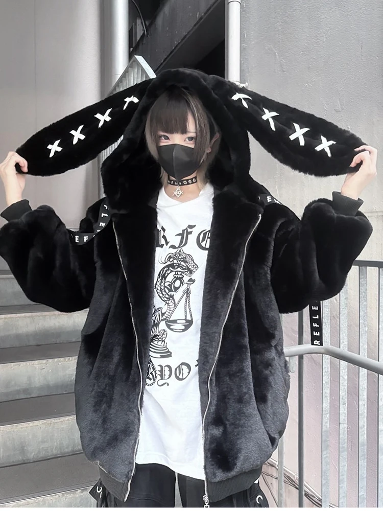 Mauroicardi Autumn Winter Sweet Cute Kawaii Soft Thick Warm Black Faux Fur Coat Women with Bunny Ears Cute Fluffy Jacket Hoodie