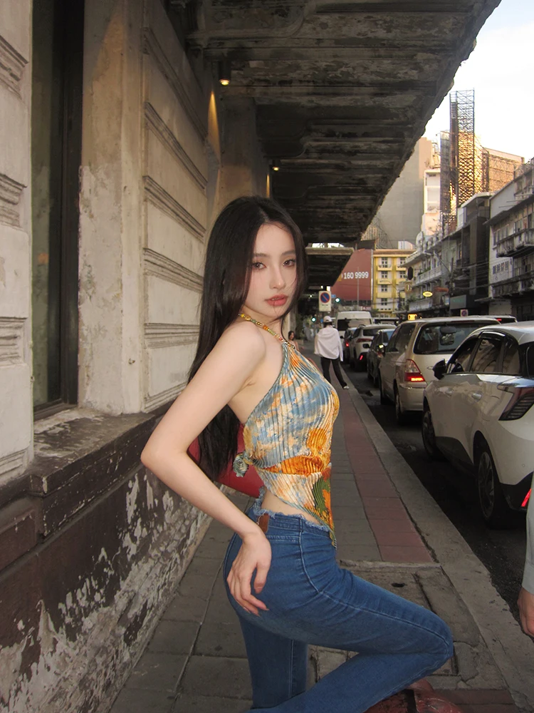 Genayooa Vintage Tank Tops Sleeveless Tie Dye Camis Y2k Retro Tops Streetwear 2000s Japanese Fairycore Tank Summer Belly Pockets
